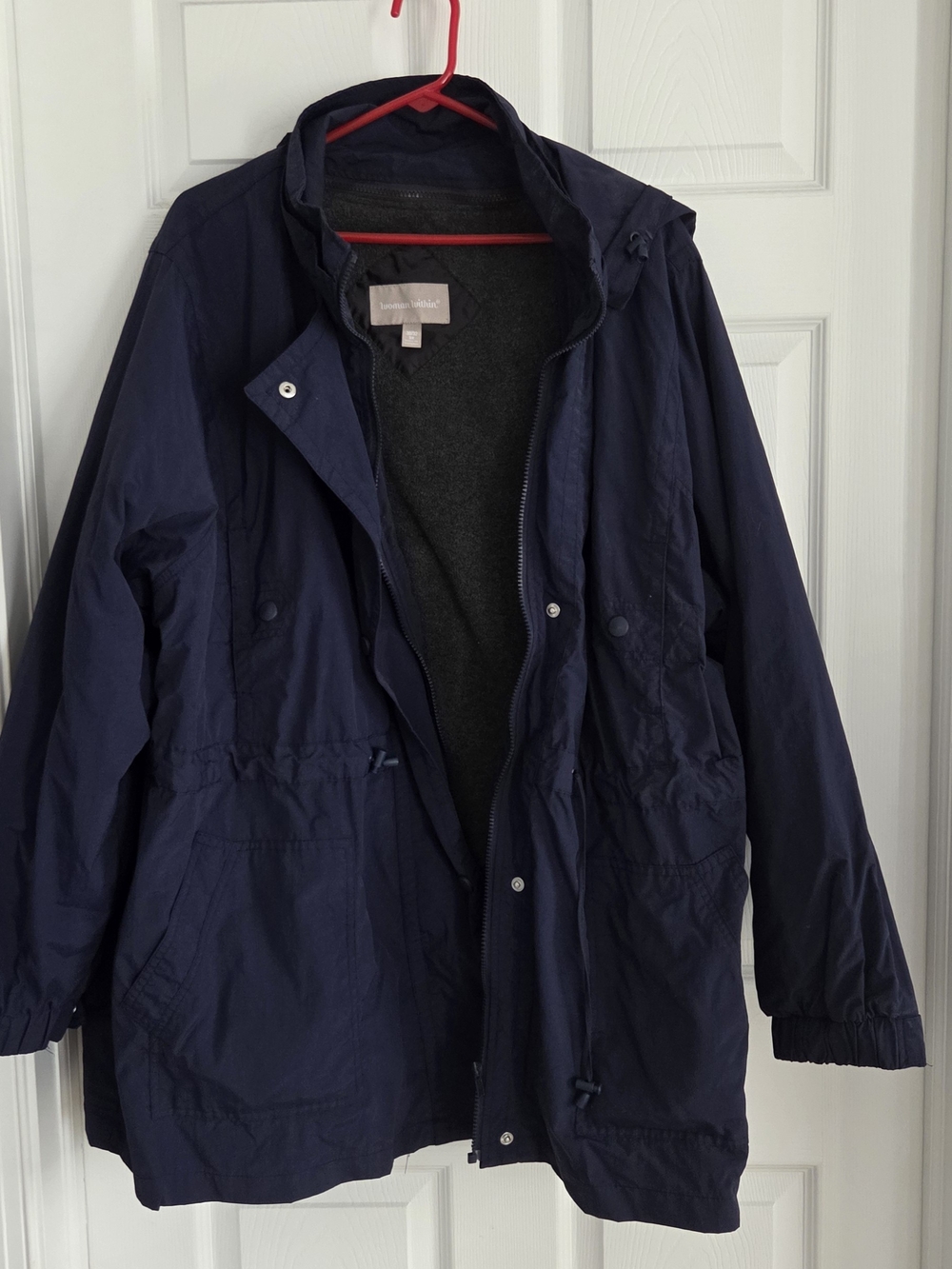 Woman Within Navy Hooded Raincoat with Drawstring Waist